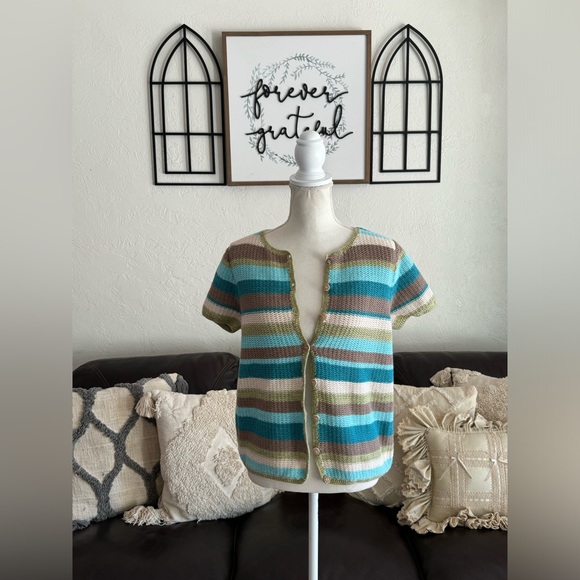 Christopher & Banks Sweaters - Vintage Coastal Granddaughter Short Sleeve Cardigan Cover Size M Hand Crochet